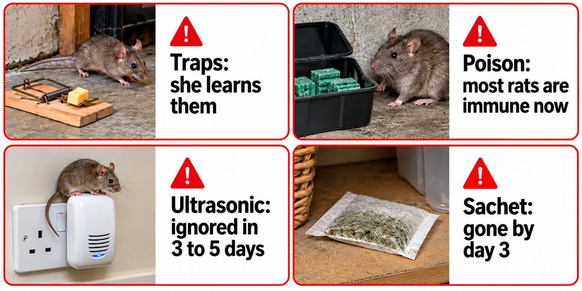 Traps, poison, ultrasonic plug-ins and sachets compared with MintGuard