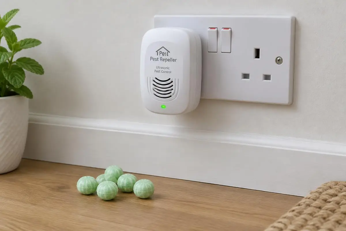 Plug-in ultrasonic repeller next to peppermint repellent balls