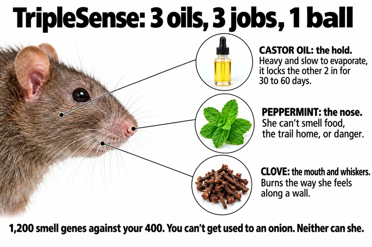 Diagram of MintGuard TripleSense oils: peppermint, clove and castor oil